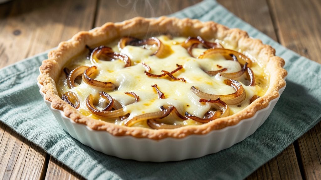 Basic Cheese and Onion Quiche Recipe: Golden Crust With Caramelized Onion Layers