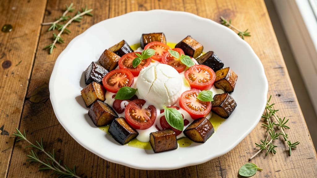Eggplant, Tomato, and Goat Cheese Recipe: Roasted Medley With Herbed Creaminess