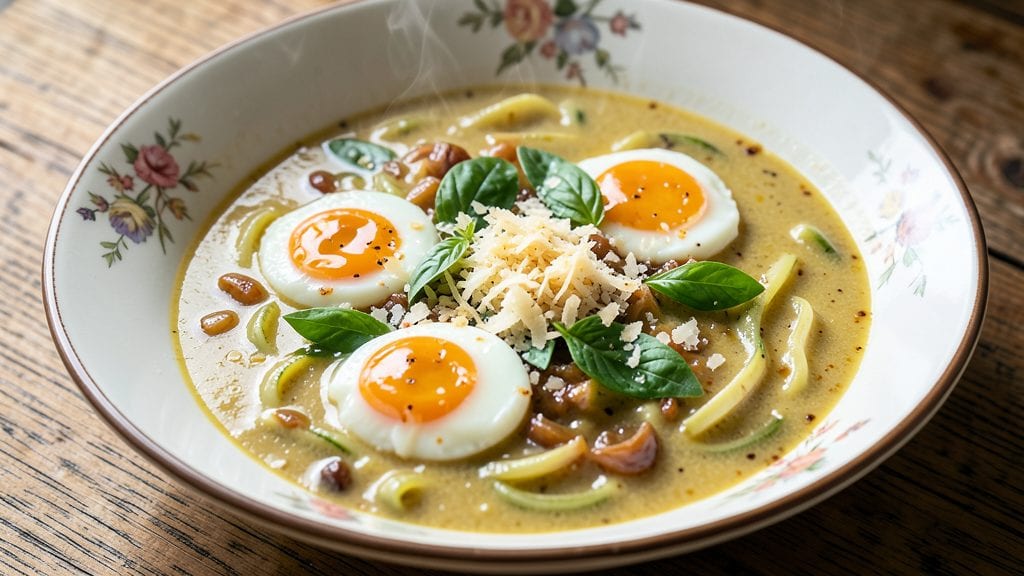 Lidia Bastianich's Zucchini Soup with Eggs and Cheese Recipe: Poached Eggs on Creamy, Herbed Blend