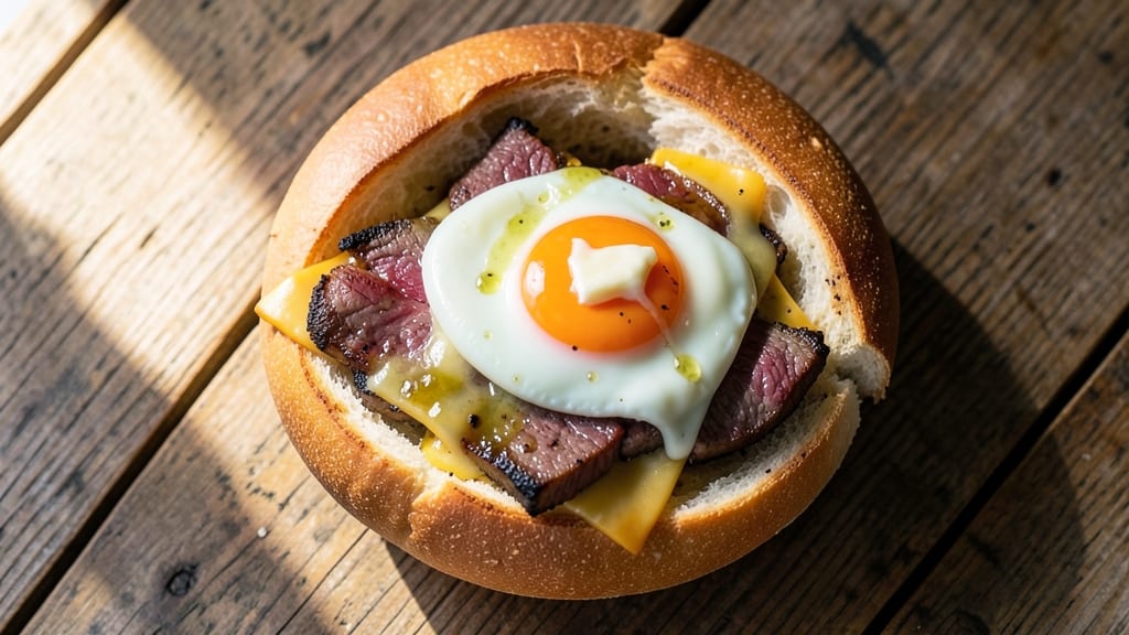 Steak Egg and Cheese Bagel Copycat Recipe: Crispy Toasted Bagel with Runny Yolk Magic